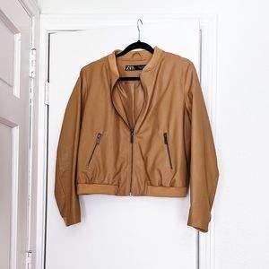 Zara Tan Faux Leather Bomber Jacket - Size M